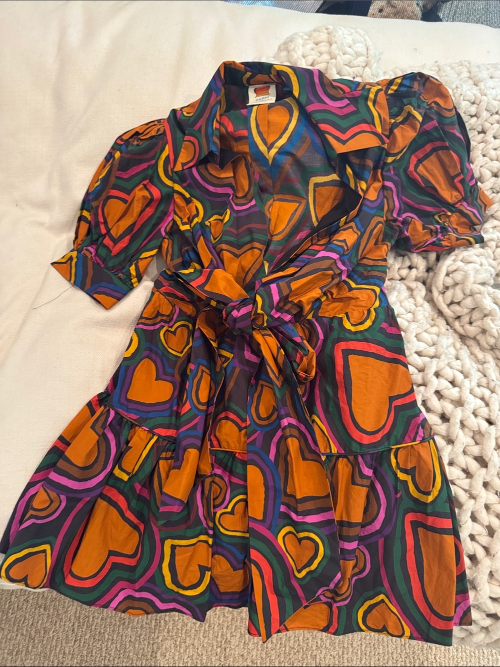 FARM Rio Orange Heart-Print Tie-Waist Dress with Multicolor Hearts